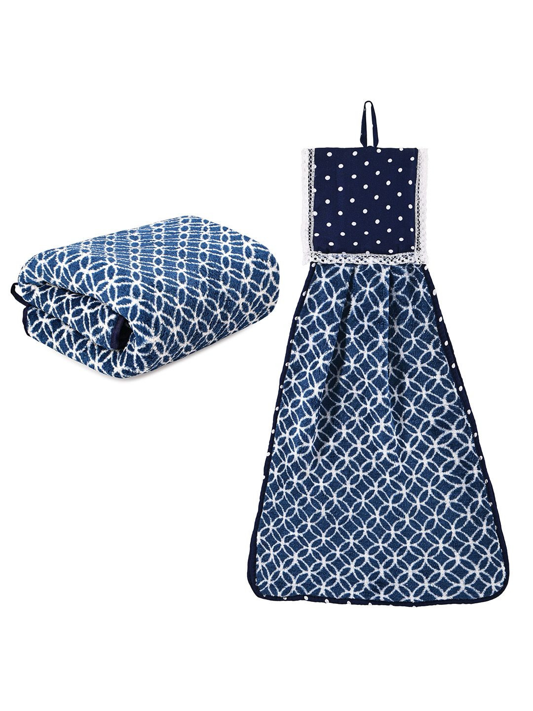 Kuber Industries Blue & White 2 Pieces Printed Towels & Wash Basin Napkin Set