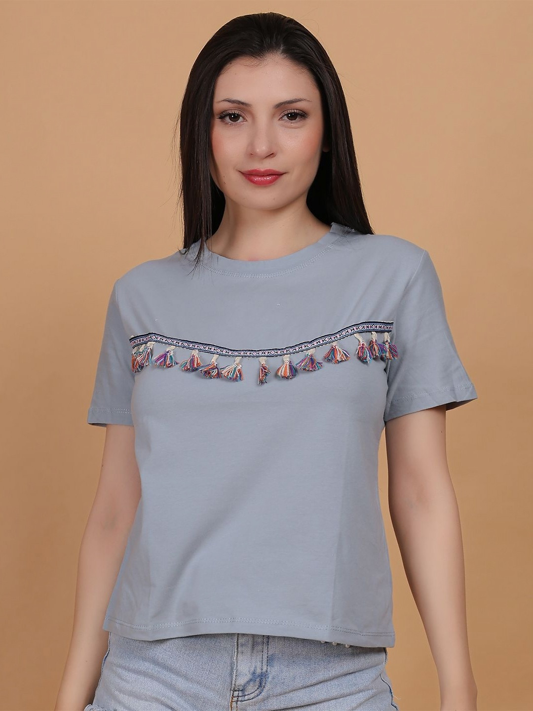 POLLOLOCO Women Embroidered Self Design T-shirt