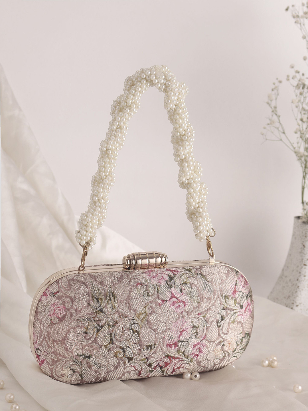 Swisni Woven Design Beads & Stones Work Brocade Box Clutch