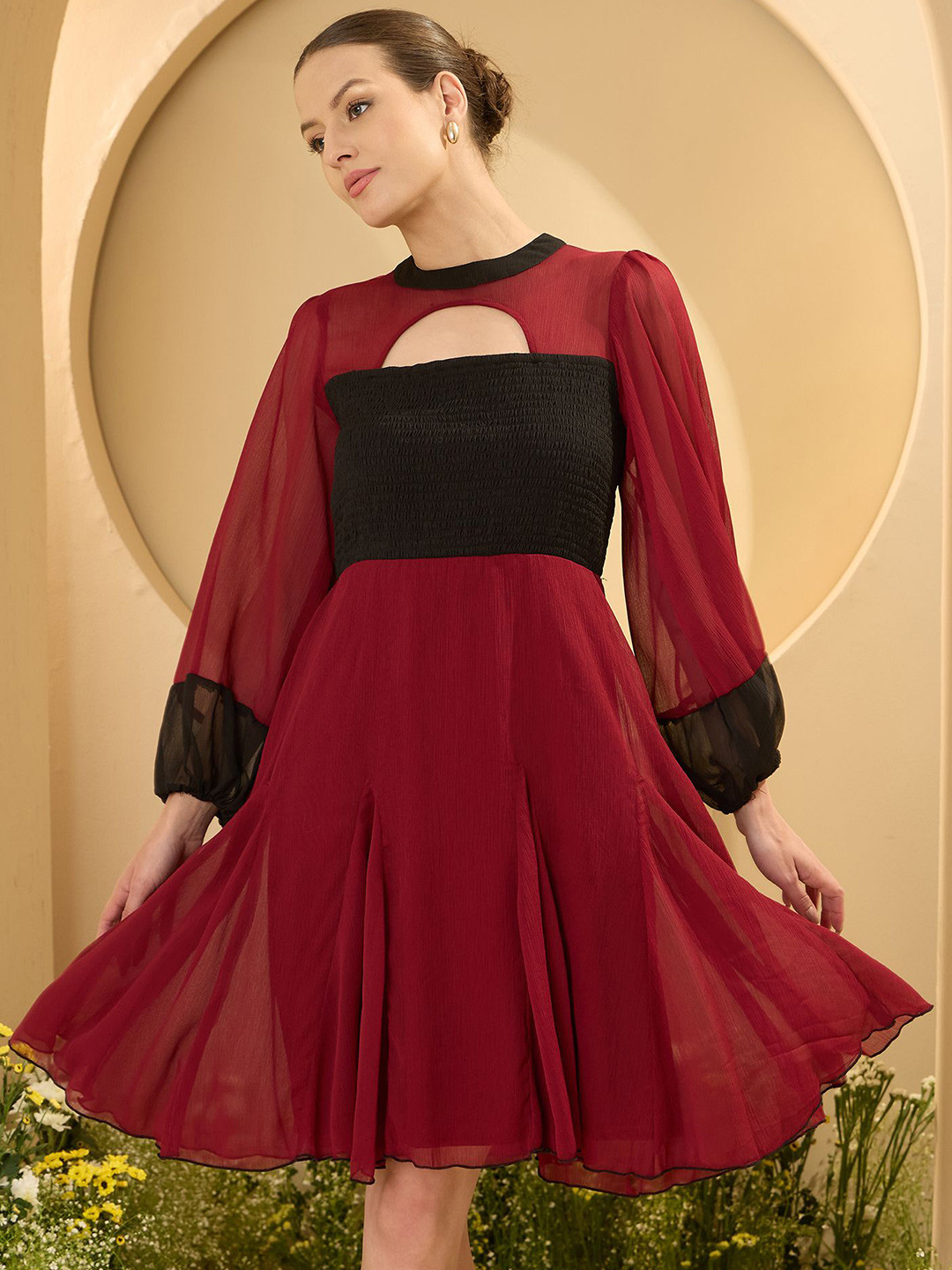 Antheaa Solid Smocked Round Neck Puff Sleeves Fit & Flare Above Knee Dress