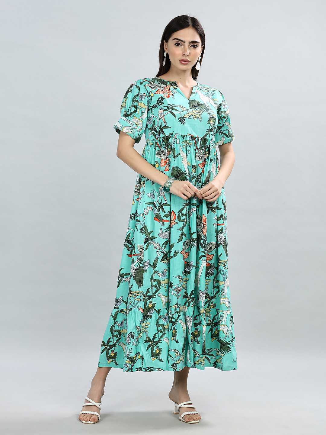 THE VASILIKI Floral Printed Green V-Neck Midi Dress