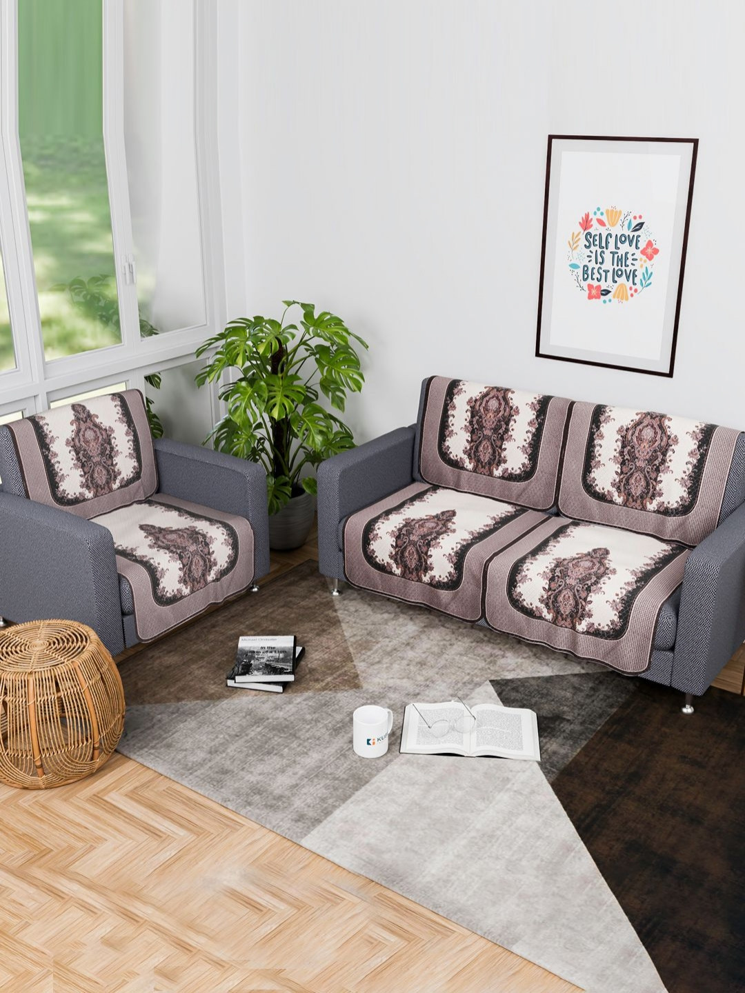 Myntra Elegant Homes Cream & White 6 Pieces Printed Polyester Sofa Cover