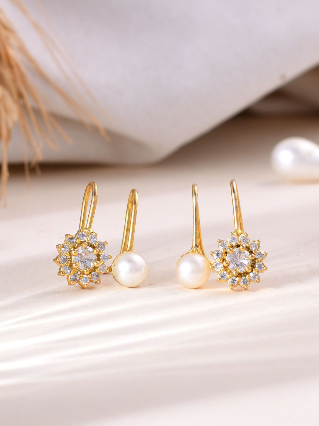 Silvermerc Designs Gold Plated Contemporary Pearl American Diamond Studs