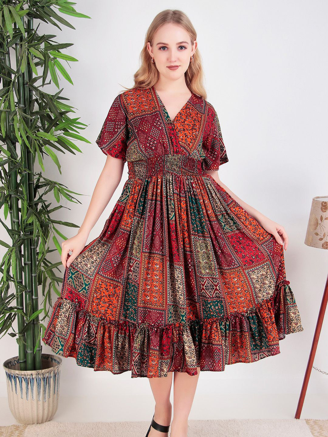 DARVI Women Printed Flared Sleeve Fit and Flare Midi Dress