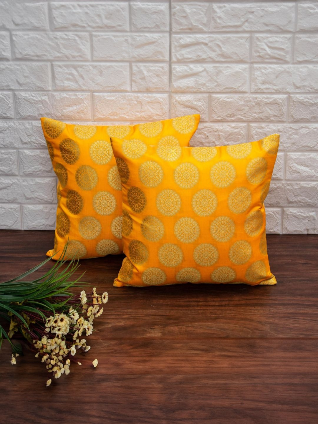 RoyalDeco Mandala Banarasi Brocade Color Fastness 2 Pcs Textured Cushion Covers-12x12In