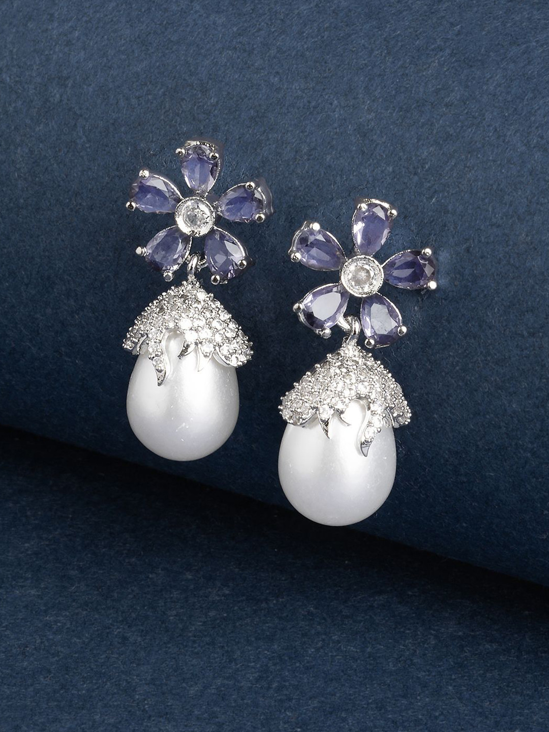 TEEJH Almaz Silver-Plated CZ Studded Studded & Pearls Beaded Oxidised Floral Drop Earrings