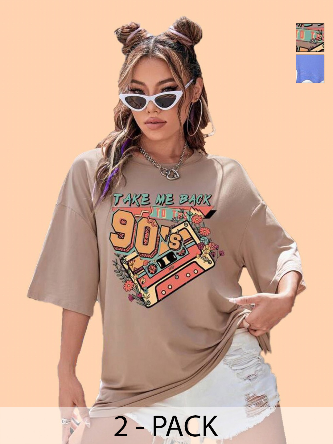Dreambe Women Pack of 2 Printed V Round Neck Extended Sleeves T-shirt