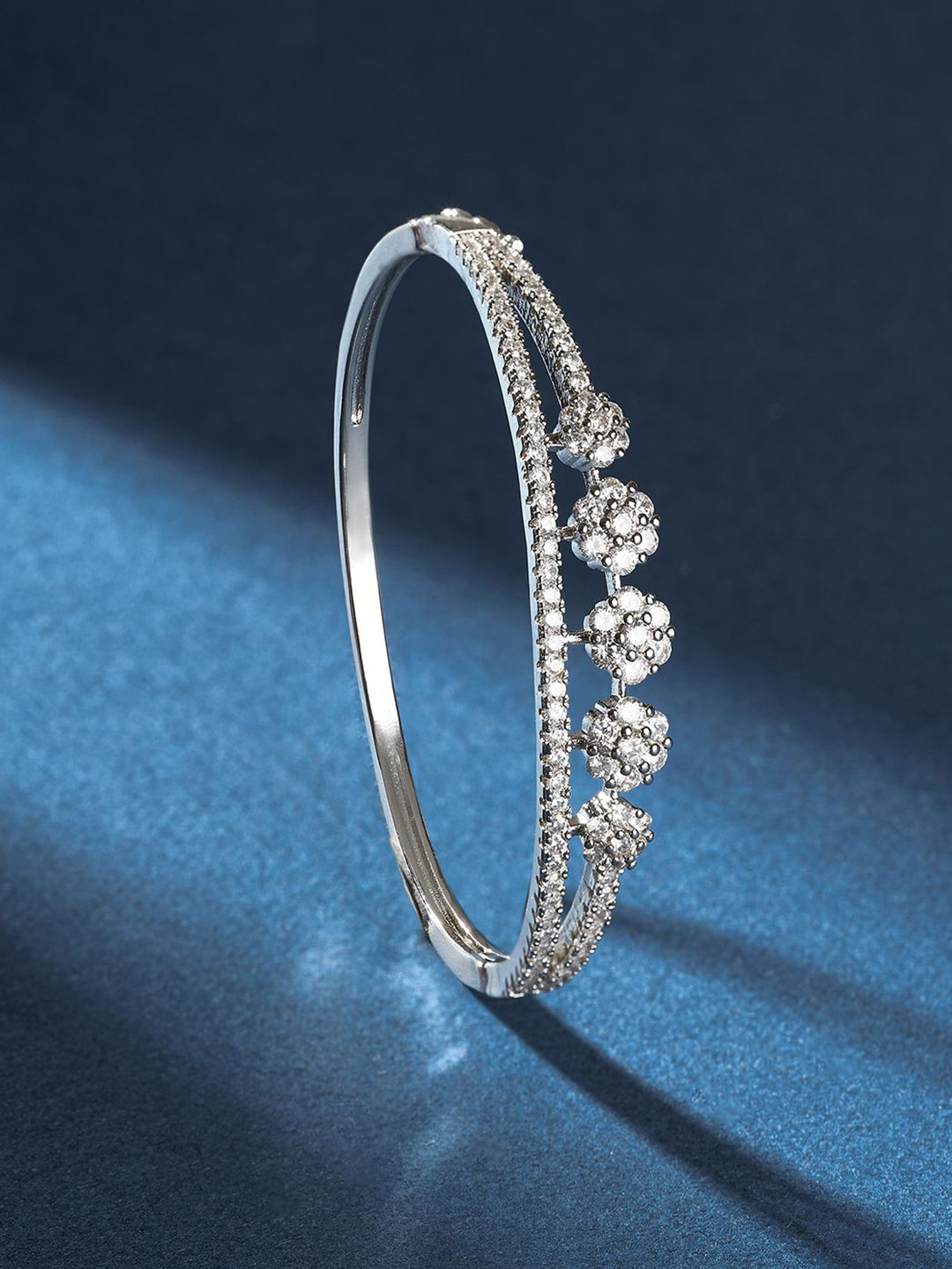 TEEJH Rhea Radiance Women Silver-Plated CZ-Studded Oxidised Bangle-Style Bracelet