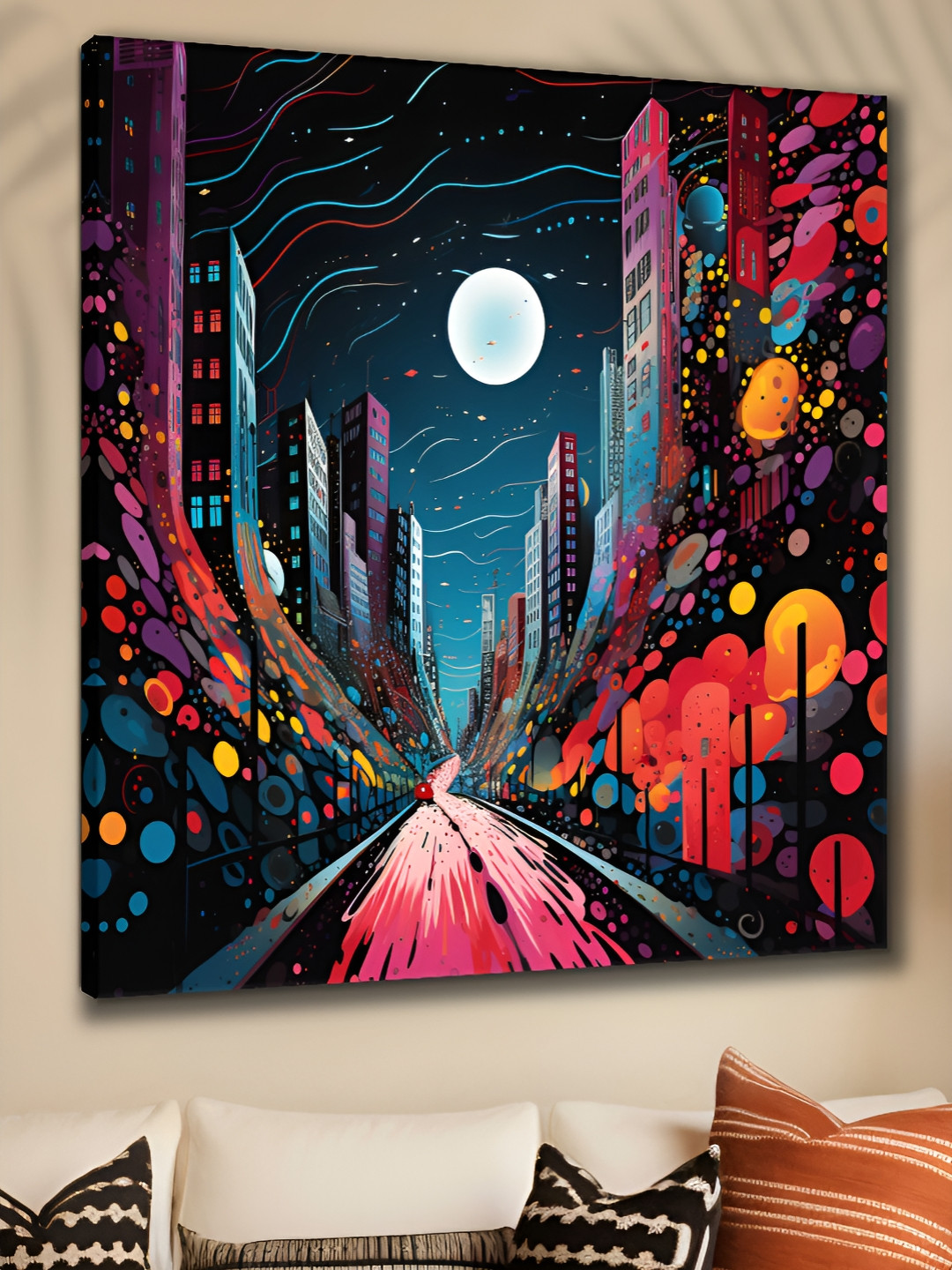 Myntra Elegant Homes Navy Blue & Orange Street & Moon Printed Canvas Wall Art