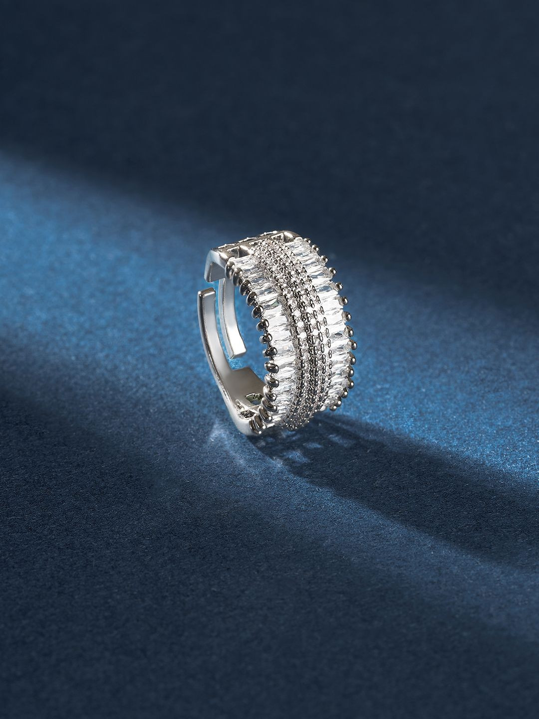 TEEJH Shashi Shine Silver Plated Cubic Zirconia Studded Finger Ring