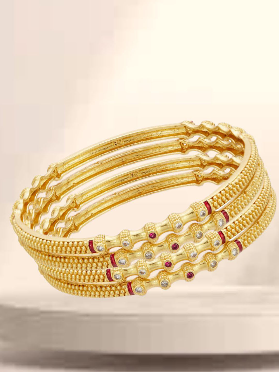 ATIBELLE Set Of 4 Gold-Plated Stones Studded Textured Bangles