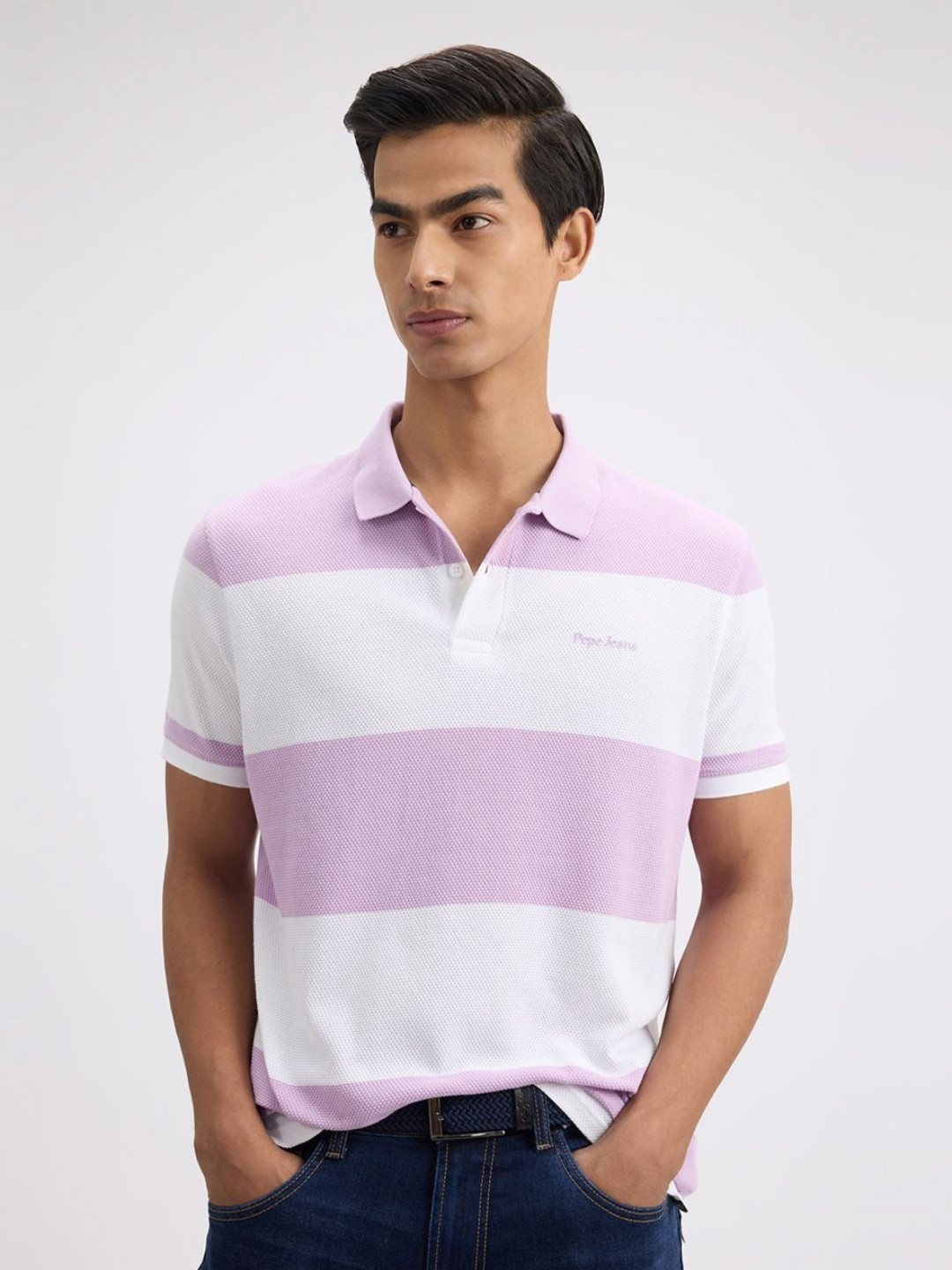 Pepe Jeans Men Striped Polo Collar Slim Fit Pure Cotton T-shirt