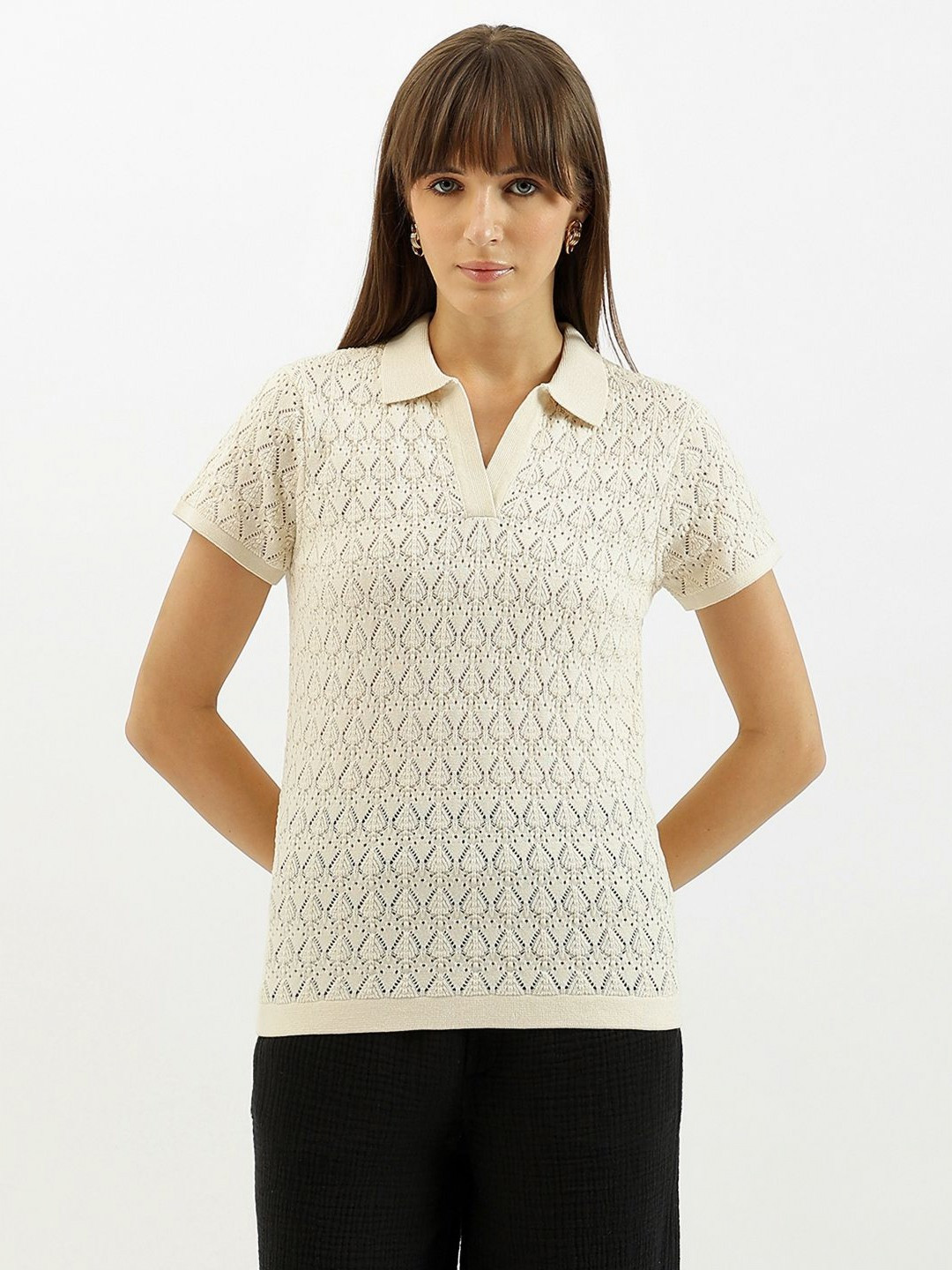 United Colors of Benetton Women Johny Collar Textured Pure Cotton T-Shirt