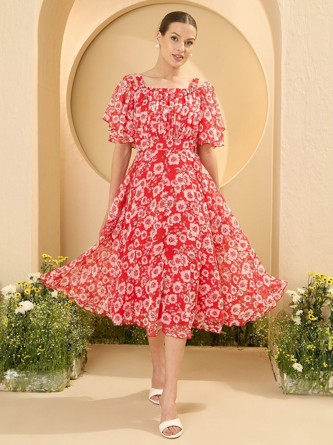 Antheaa Women Flared Sleeve Printed Fit and Flare Midi Dress