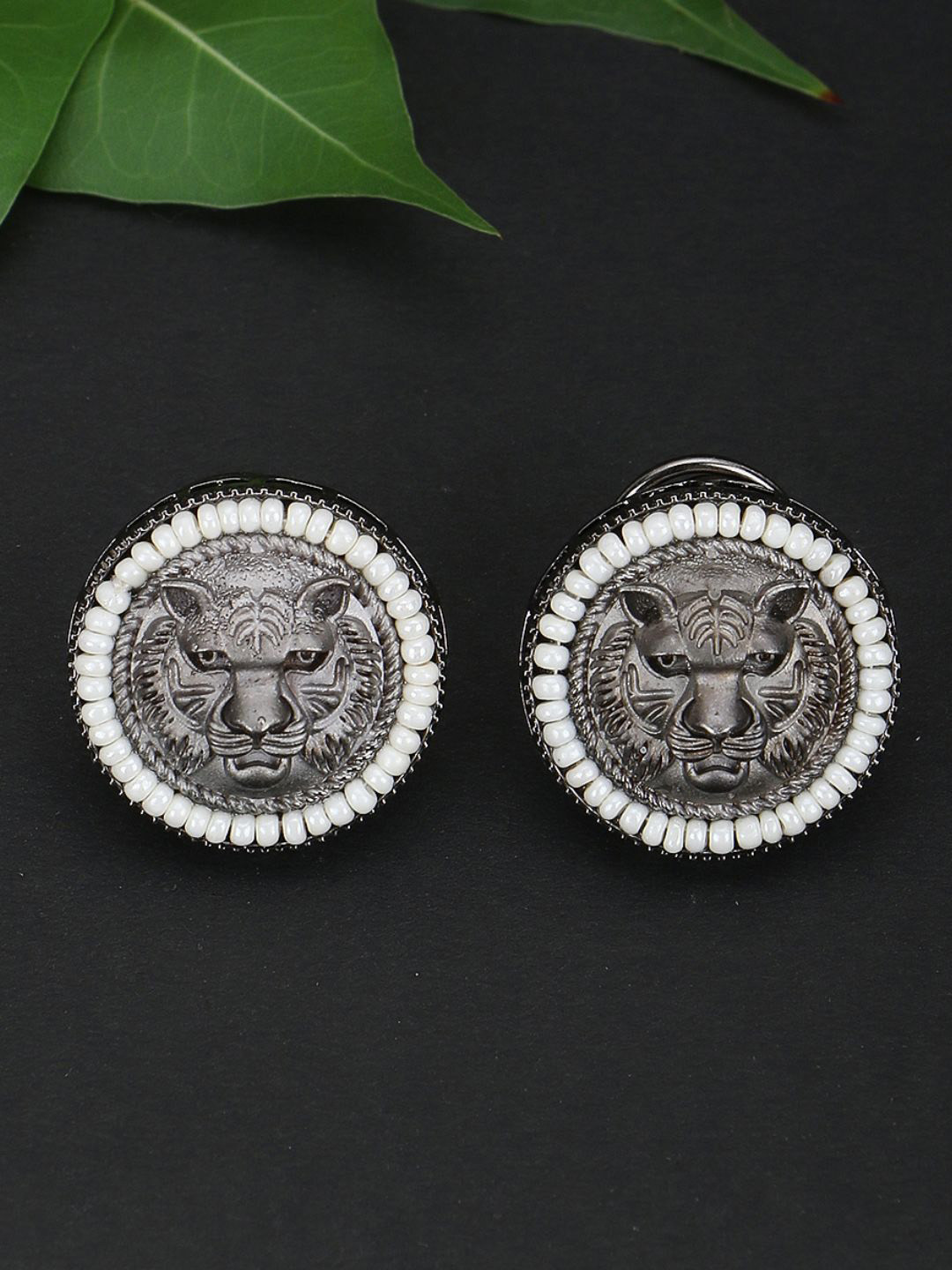 Sangria Silver-Plated Pearls Beaded Animal Shaped Lion Design Oxidised Studs