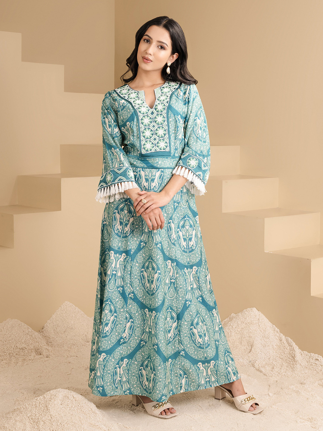 WoowZerz Women Tribal Print Cape Sleeve Linen Maxi Dress