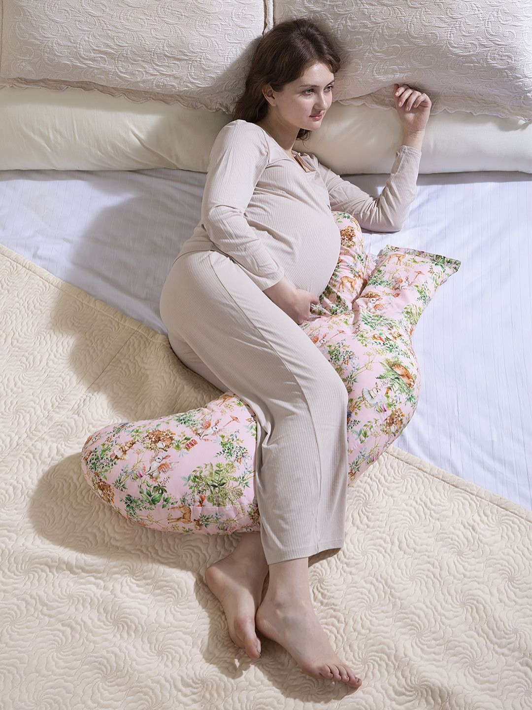 THE BABY TRUNK Pink Graphic Cotton Breathable Firm Fibre Maternity Pillow-173 x 61 x 16 cm