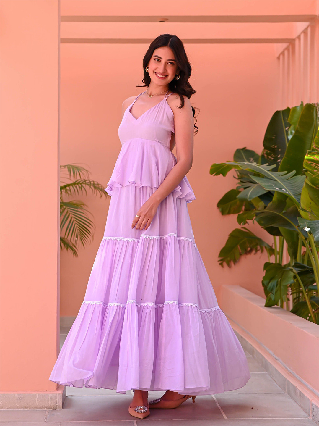 Bunaai Women Lilac Backless Cotton Dress