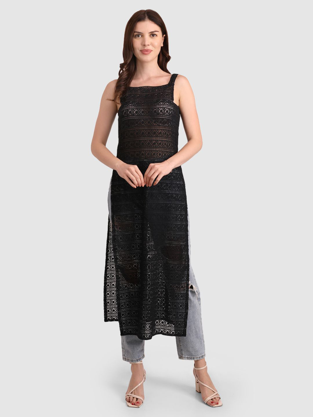 fabbit Crochet Cotton Straight Kurta