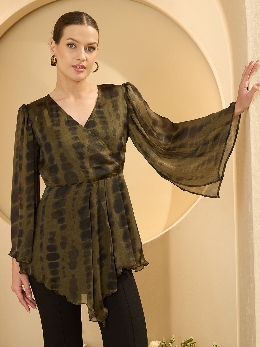 Antheaa Tie & Dye Flared Sleeves Satin Wrap Top with Asymmetric Hem