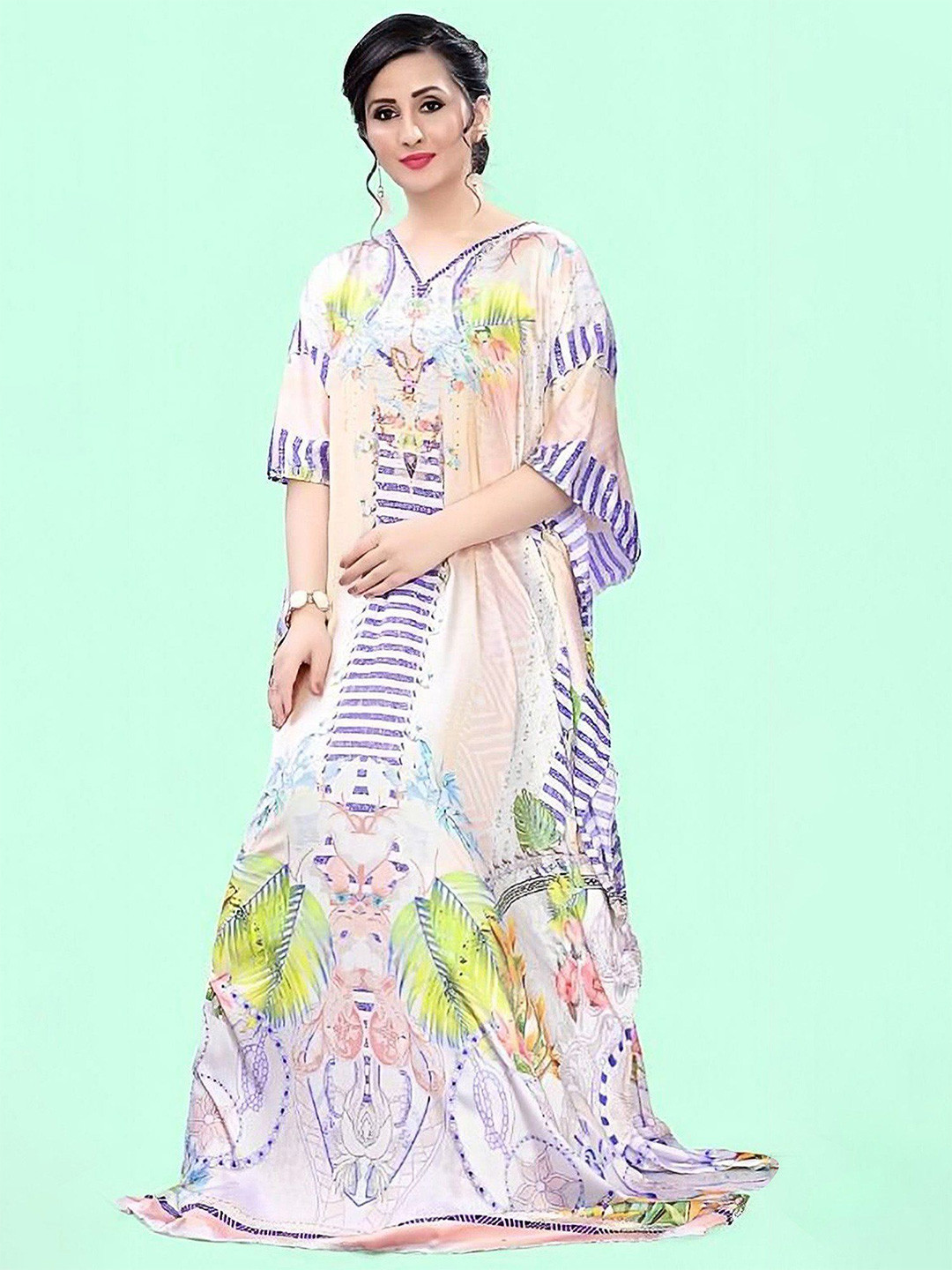 Exotic India Solitary-Star Floral Printed Satin Long Kaftan with Studded Stones