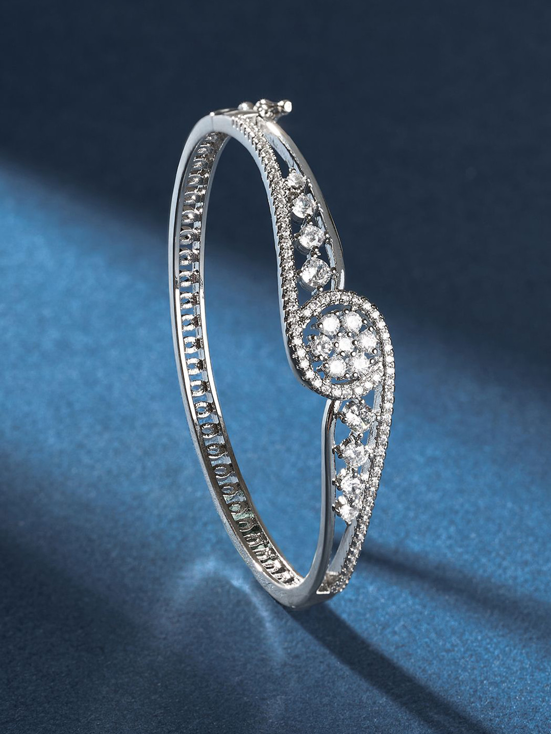 TEEJH Celestial Chetna Women Silver-Plated CZ-Studded Oxidised Bangle-Style Bracelet