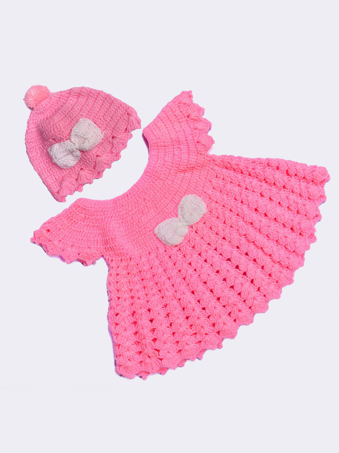 Tiekart Girls Bow Applique Winter A-line Hand Knitted Dress With Cap