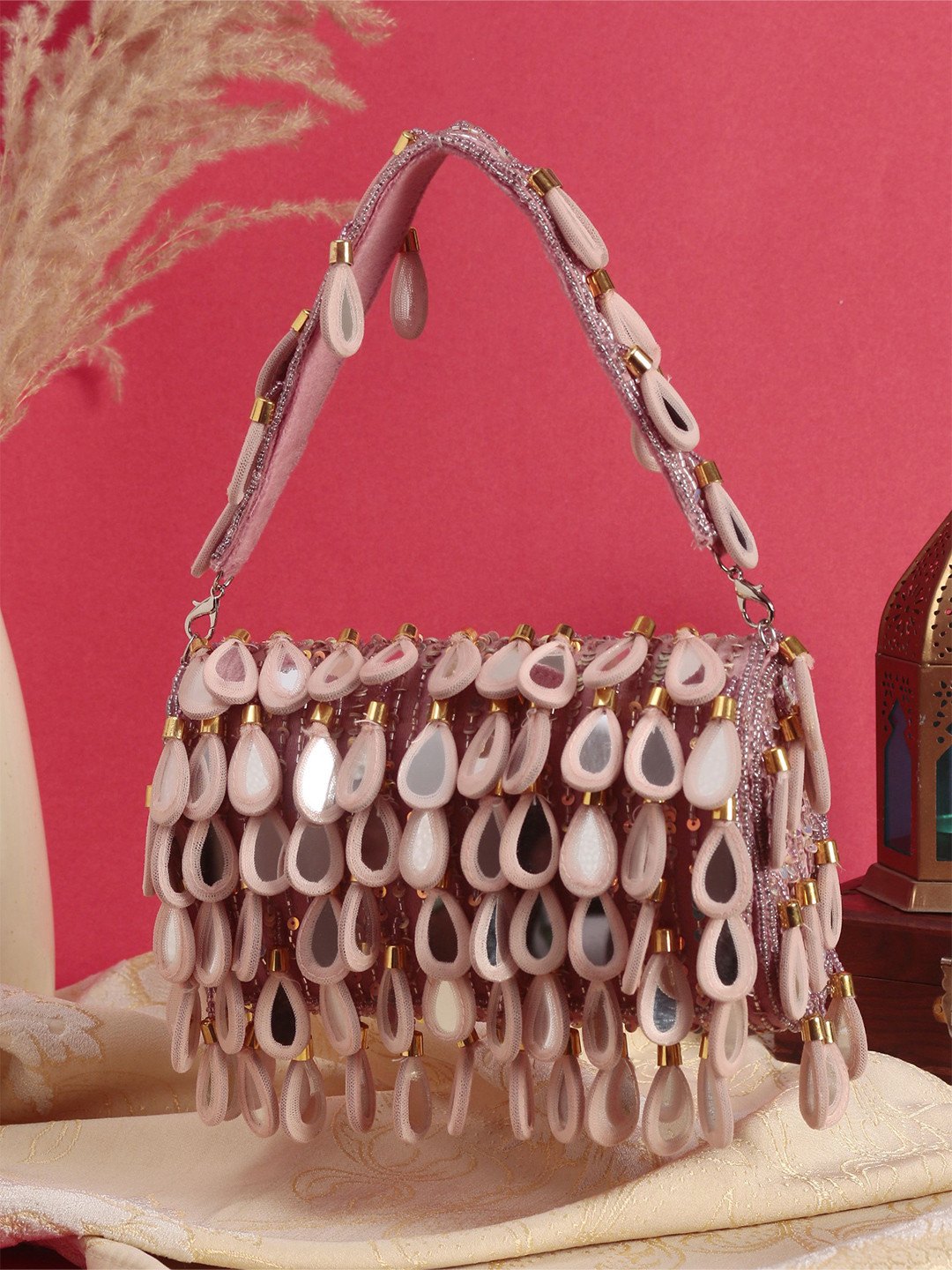 Swisni Embroidered Mirror Work Flap Shaped Suede Clutch