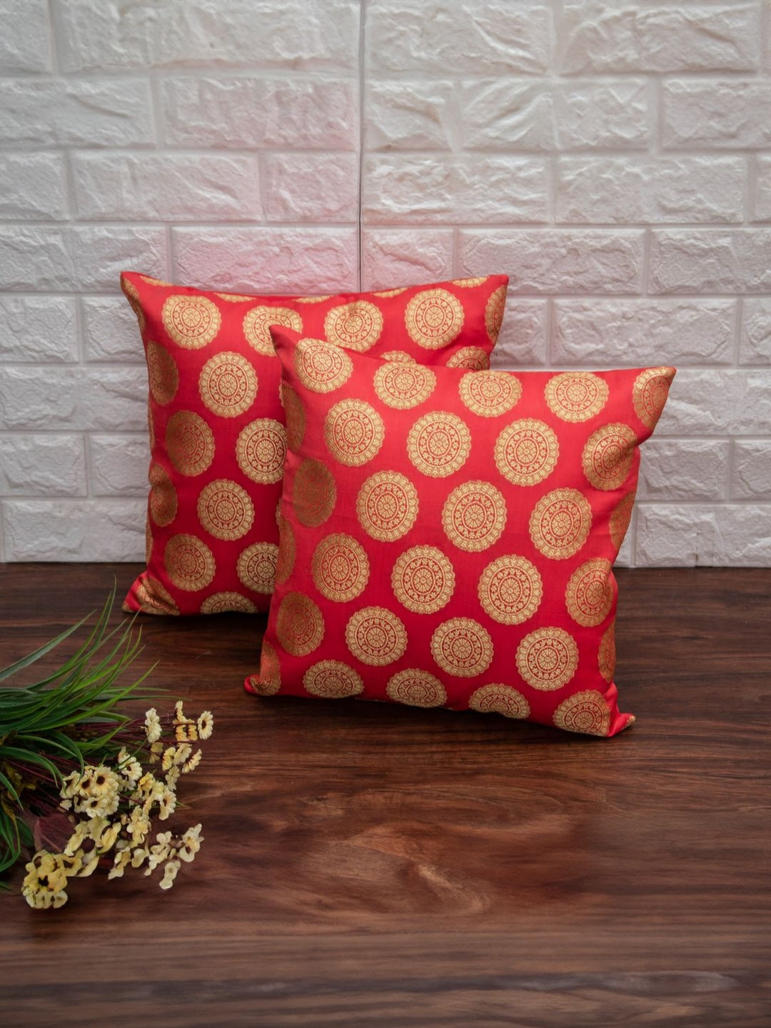 RoyalDeco Mandala Banarasi Golden Ethnic Motifs Brocade 2 Pcs Textured Cushion Covers - 16 x 16 In