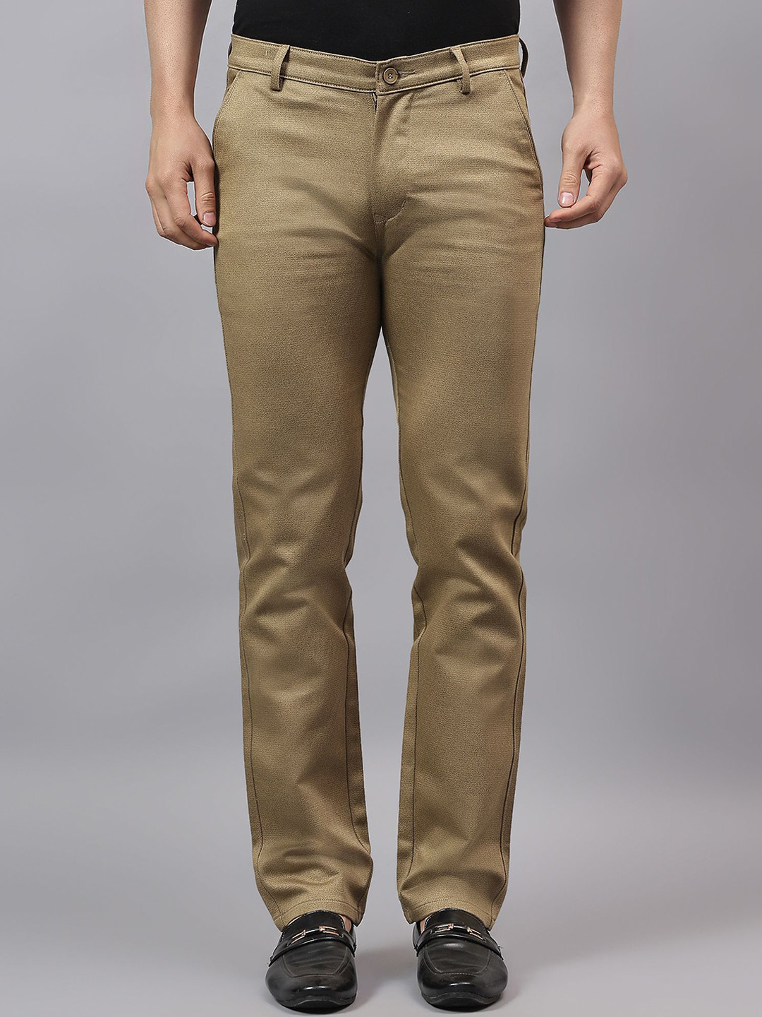 RARE CAMEL Men Relaxed Straight Leg Slim Fit High-Rise Chinos Trousers