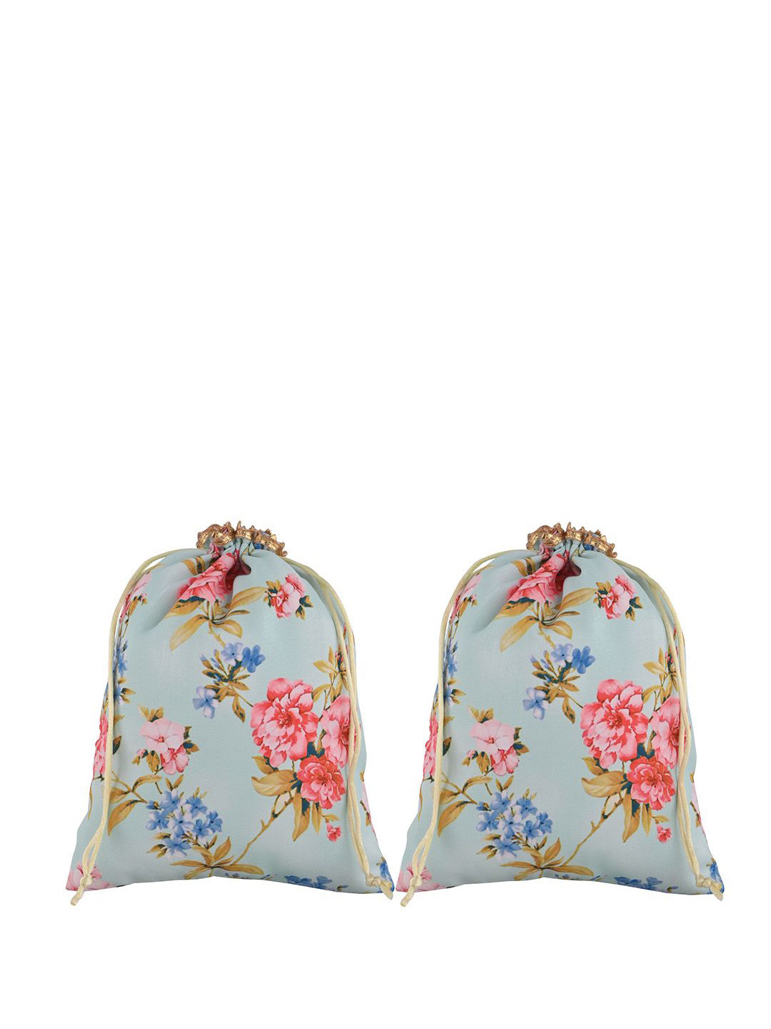 Kuber Industries 2 Pcs Silk Drawstring Digital Flower Print Potli Clutch Green