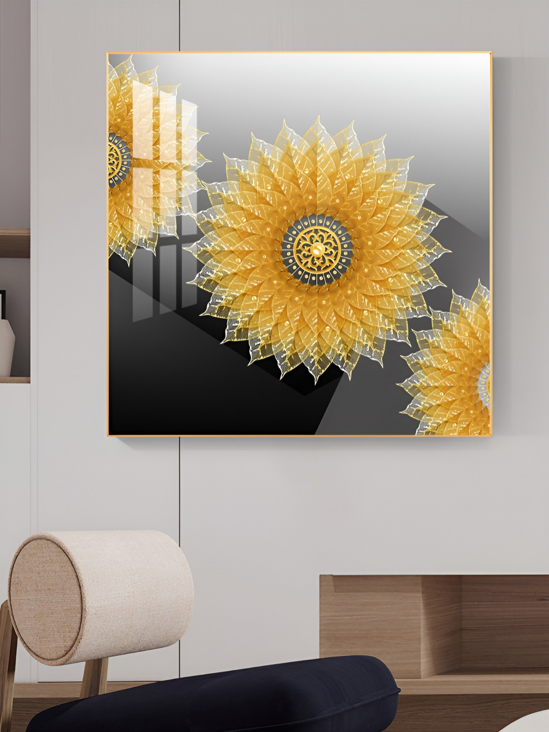 THE NEXT DECOR Black & Gold-Toned Canvas Bloom Glass Finish Square Wall Art