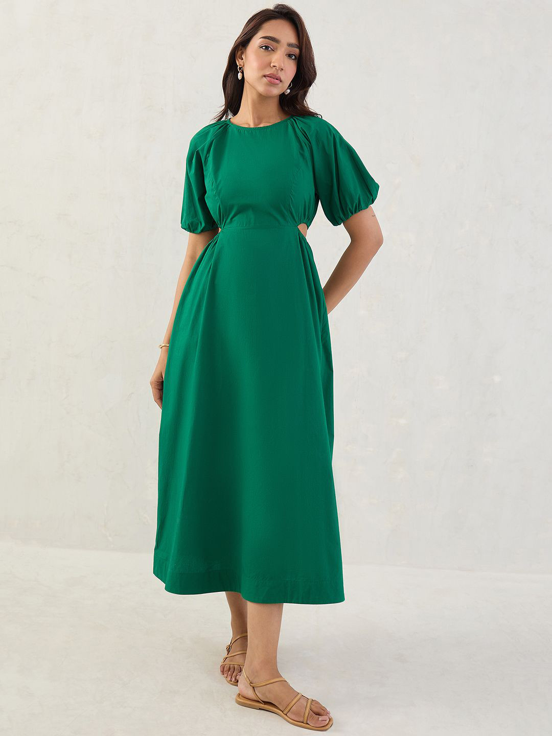 FEMMELLA Women Green Poplin Cut Out Cotton Maxi Dress