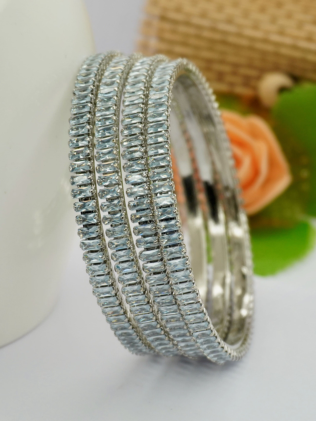 Panini jewels Set Of 4 Rhodium-Plated American Diamond-Studded Bangles