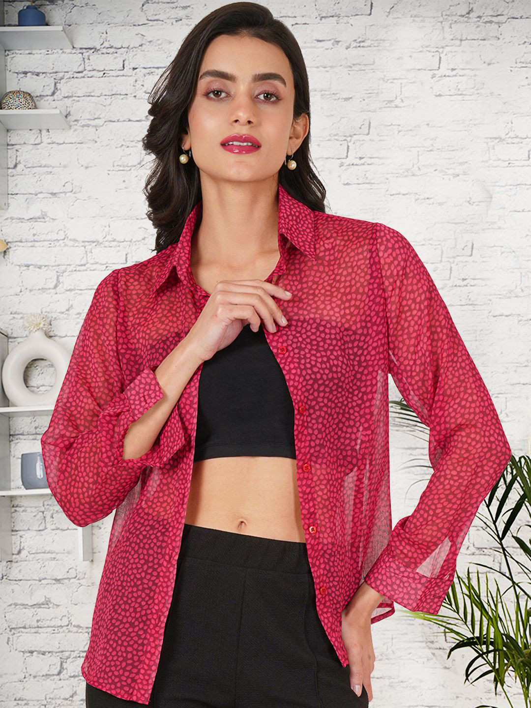 angloindu Women Micro Print Georgette Shirt Style Top