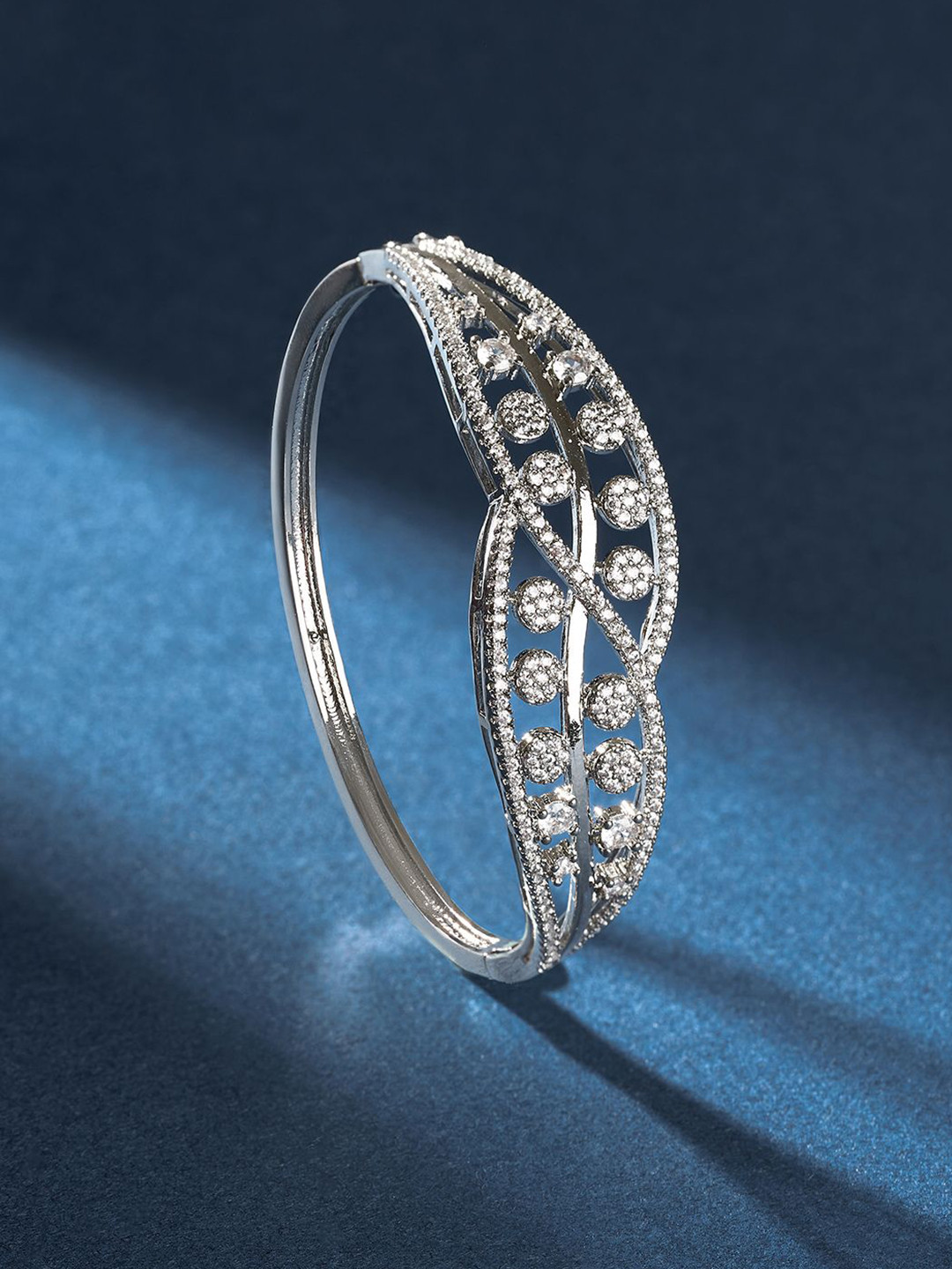 TEEJH Zeenat Zest Women Silver-Plated CZ-Studded Oxidised Bangle-Style Bracelet