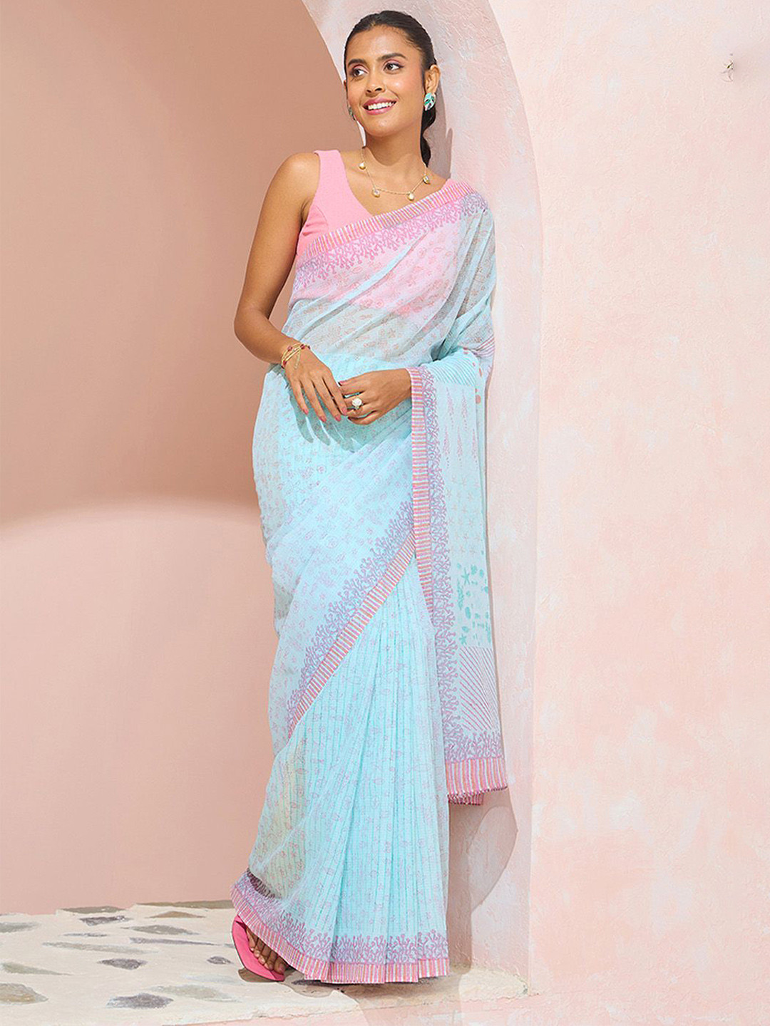 Taneira Block Print Cotton Kota Saree With Unstitched Blouse Piece