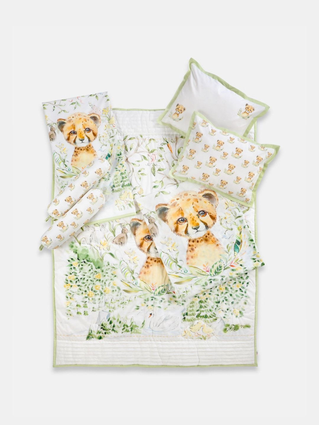 THE BABY TRUNK Infants White & Green Set Of 5 Little Leo Printed Cotton Baby Bed Sets