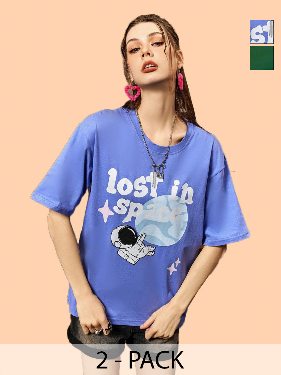 Christy World Women Pack of 2 Printed V-Neck Drop-Shoulder Sleeves T-shirt