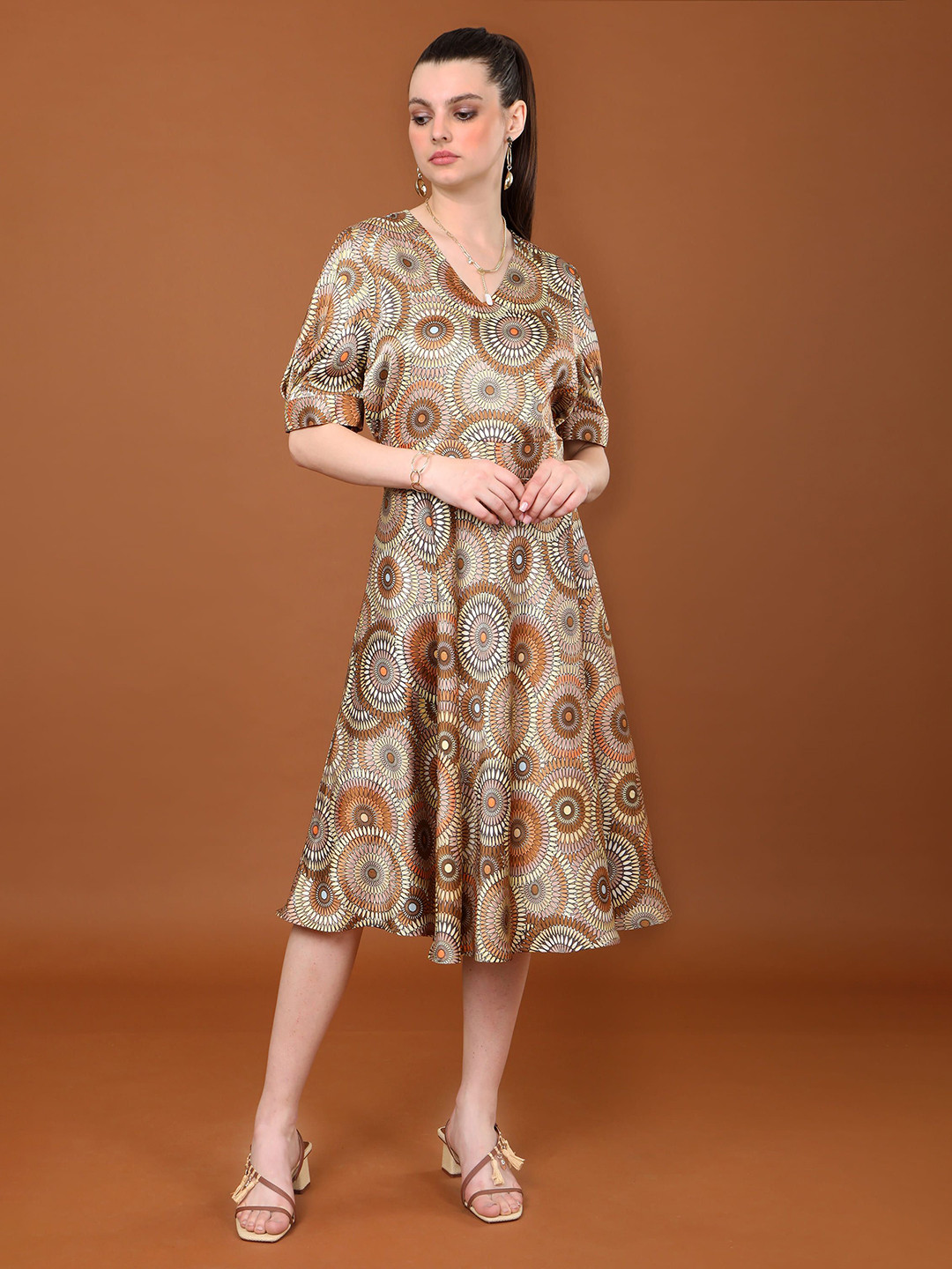 Tamiska By Narendra Kumar Ethnic Motifs Print Roll-Up Sleeves Fit & Flare  Dress