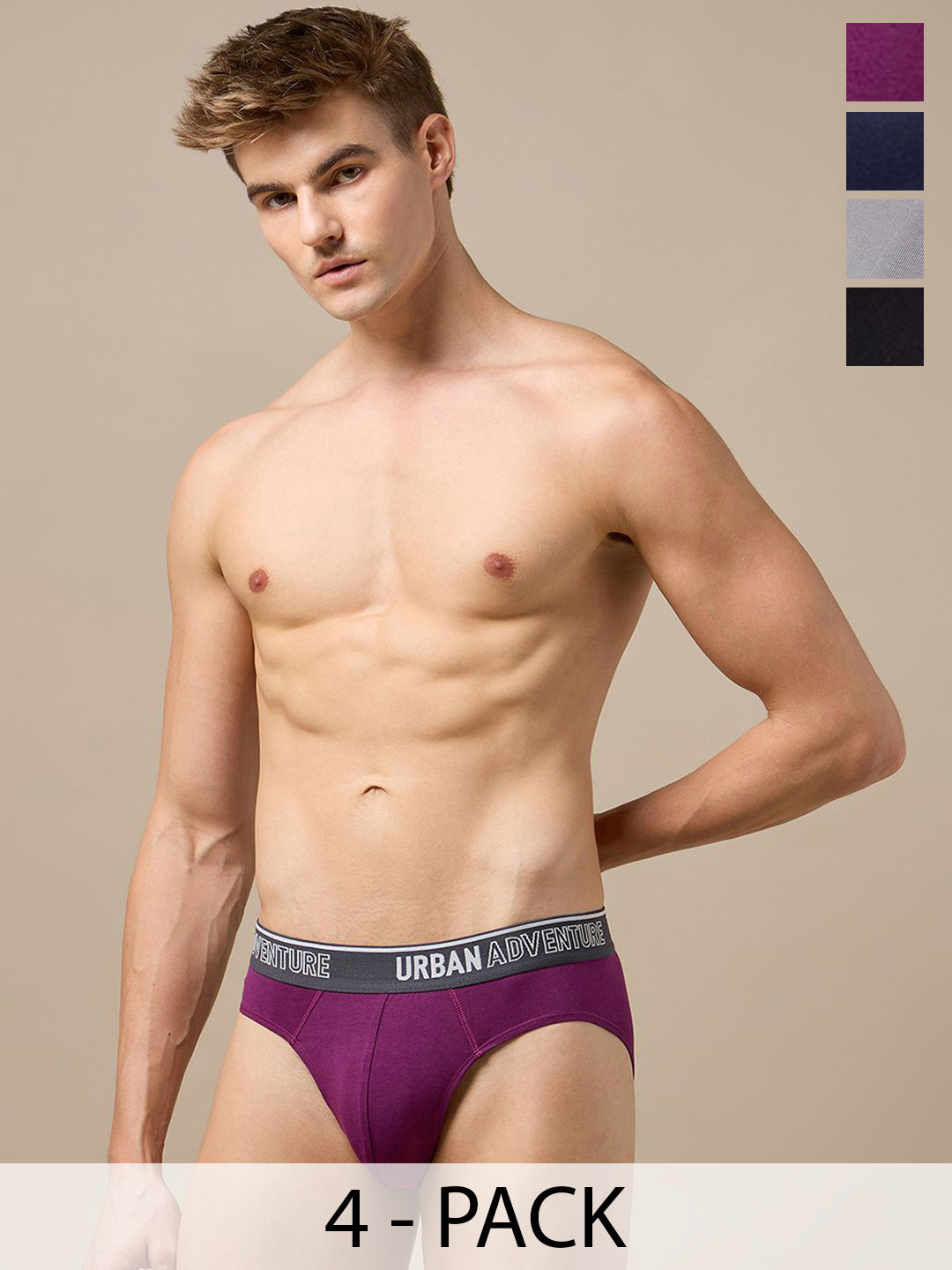 URBAN ADVENTURE Men Pack Of 4 Anti-Bacterial Basic Briefs 4UAM-002(BLK-LT GRY-NVY-WINE)