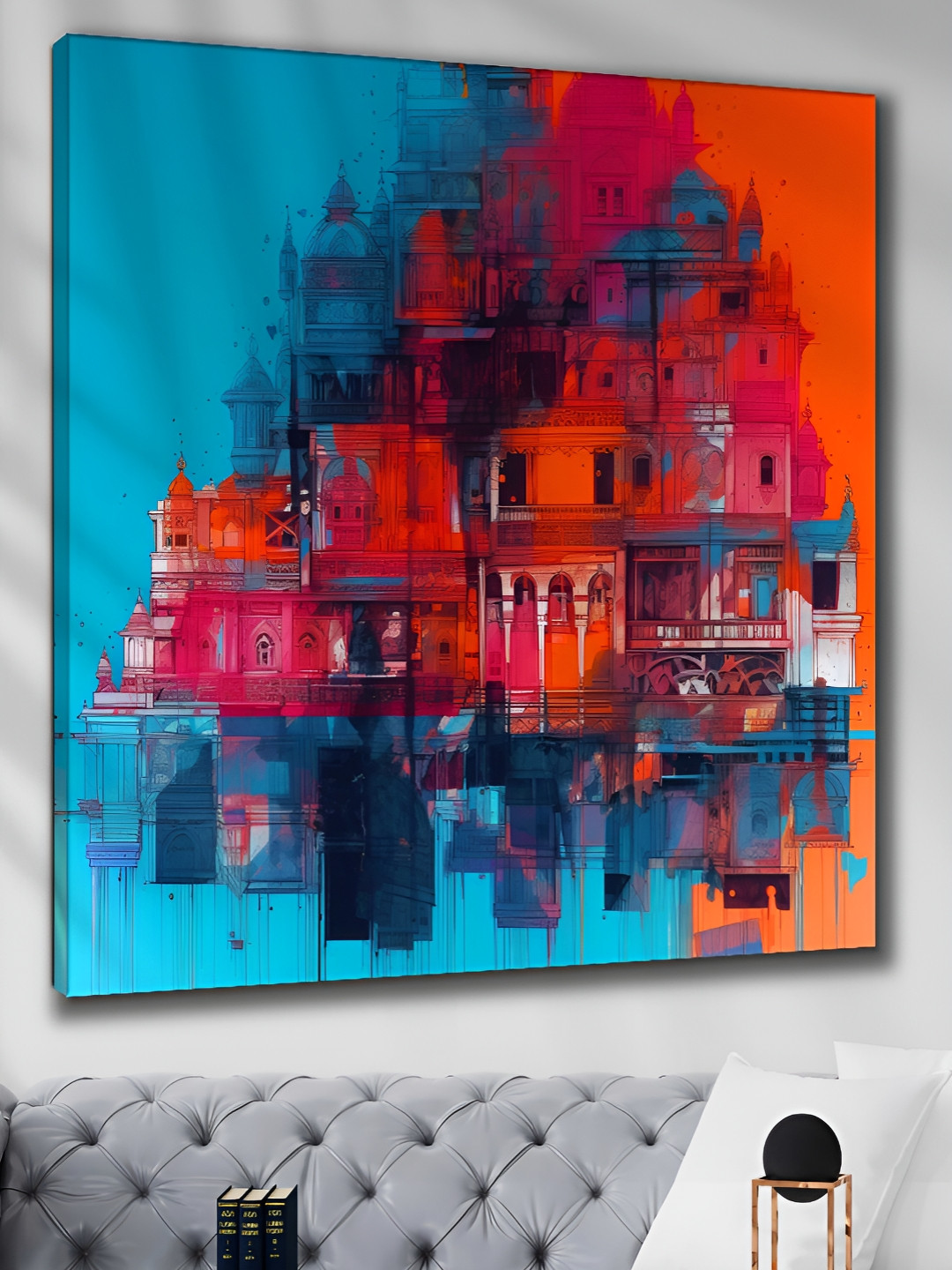 Myntra Elegant Homes Blue & Red Colored Building Printed Canvas Wall Art