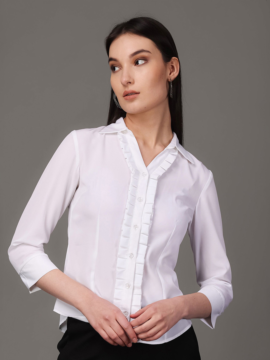 MEEAMI FASHION Women Formal Frill Crepe Shirt