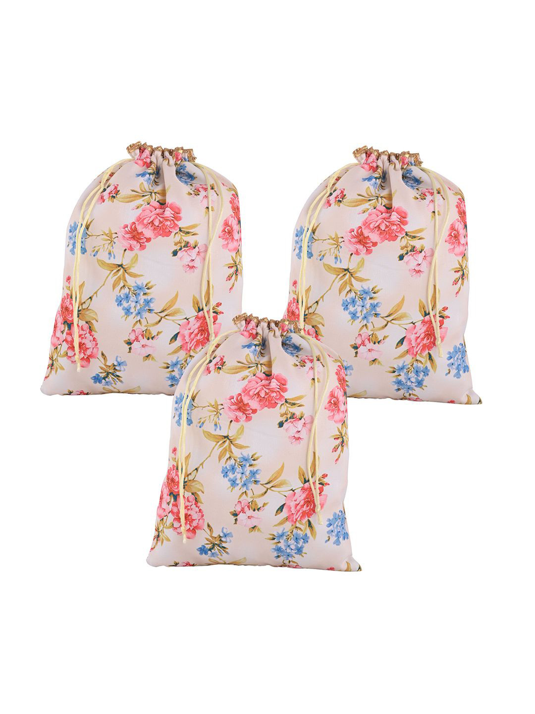 Kuber Industries 3 Pcs Silk Drawstring Digital Flower Print Potli Clutch Cream