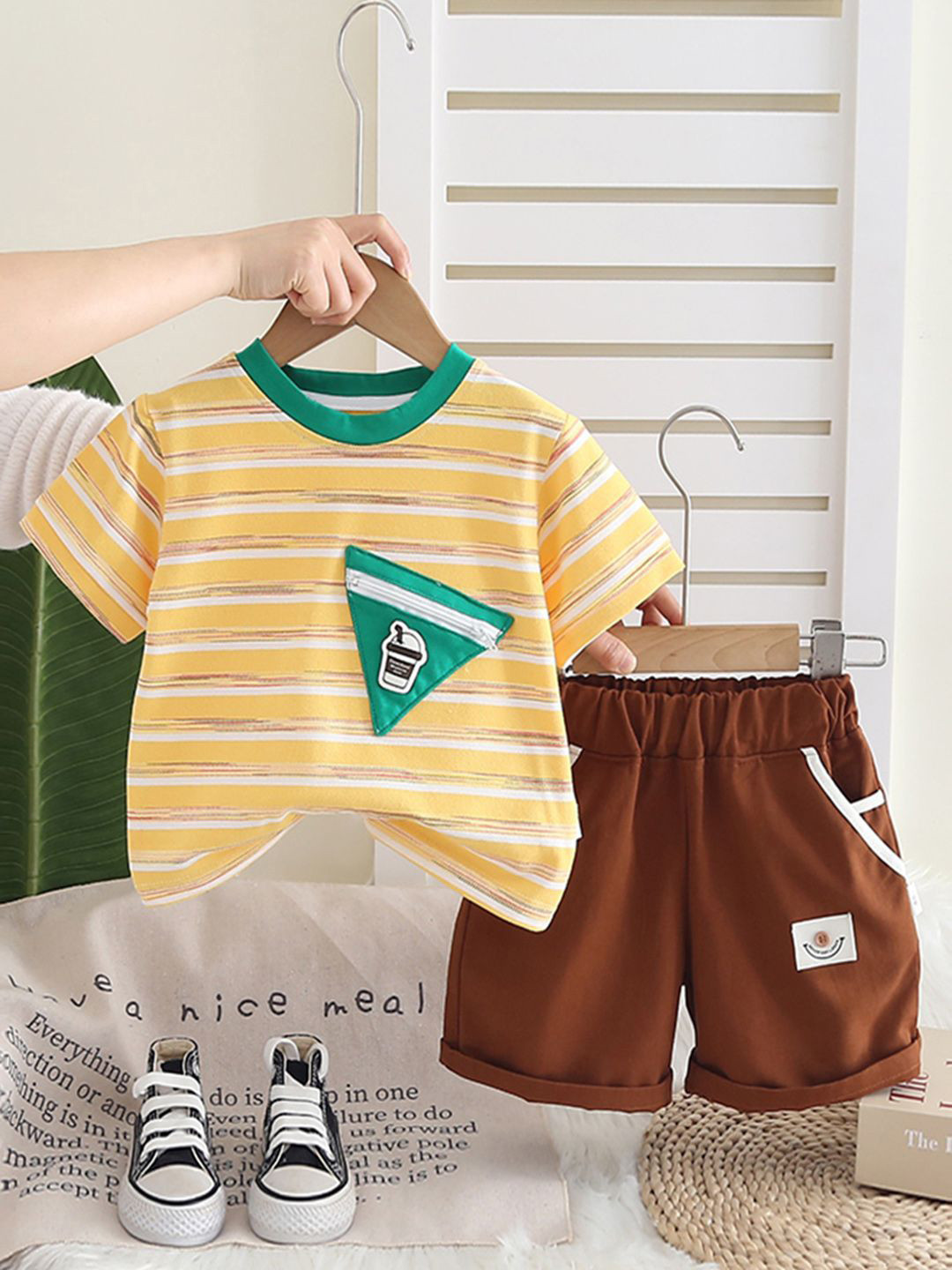 INCLUD Boys Striped Triangular Patch Pocket T-Shirt With Shorts