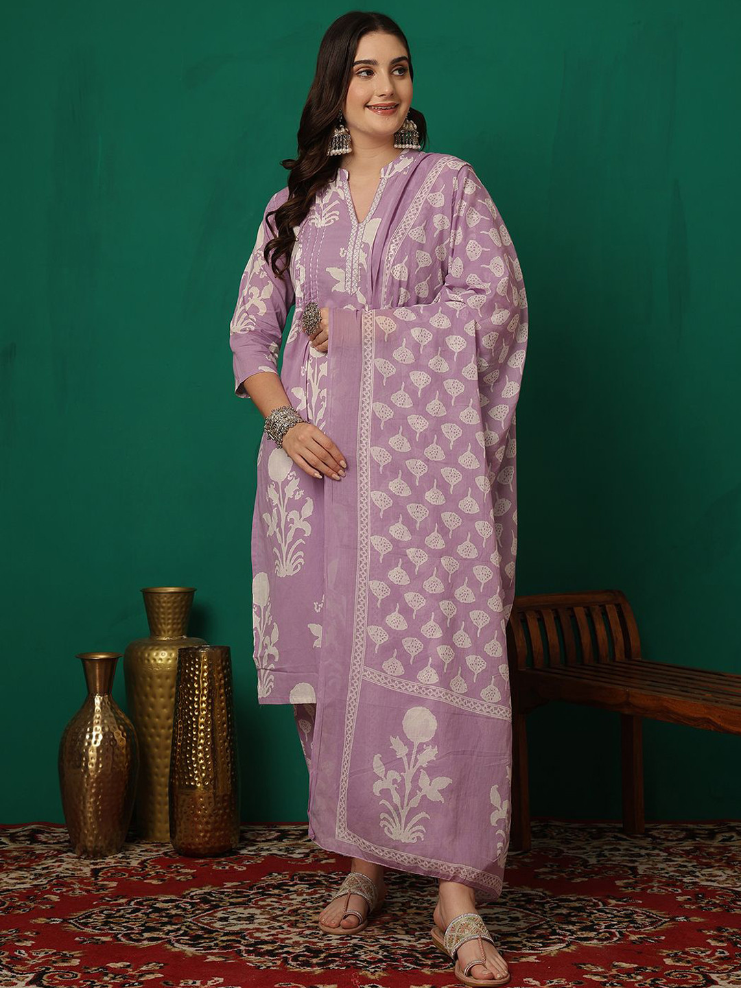 Sangria Printed 100% Cotton Straight Kurta With Trouser & Dupatta