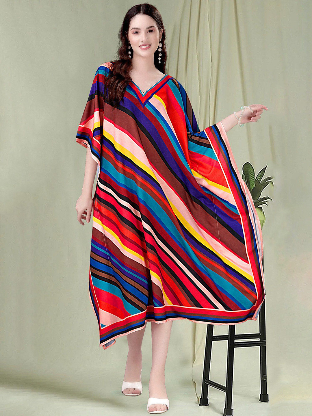 Exotic India Women Rainbow Stripe Printed V-Neck Midi Kaftan Dress