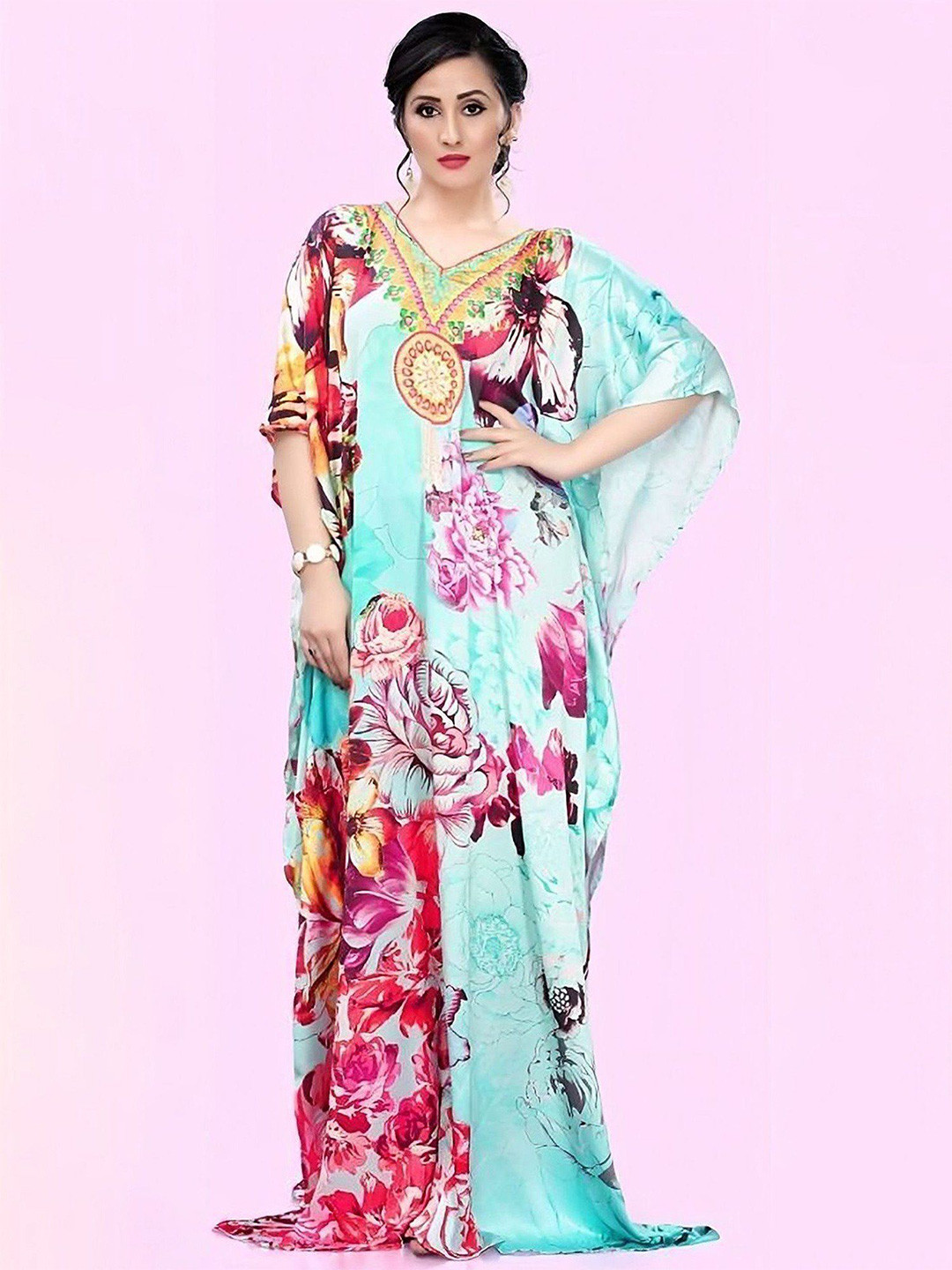 Exotic India Blue-Glass Printed Bloom Flowers Long Kaftan with Stone work on Neck