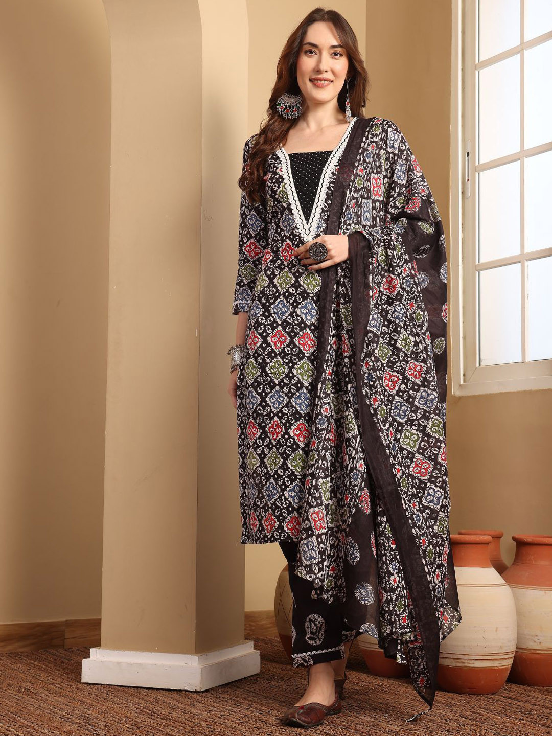 Lative Colours of Fashion Women Yoke Design Regular Beads and Stones Pure Cotton Kurta with Trousers & With