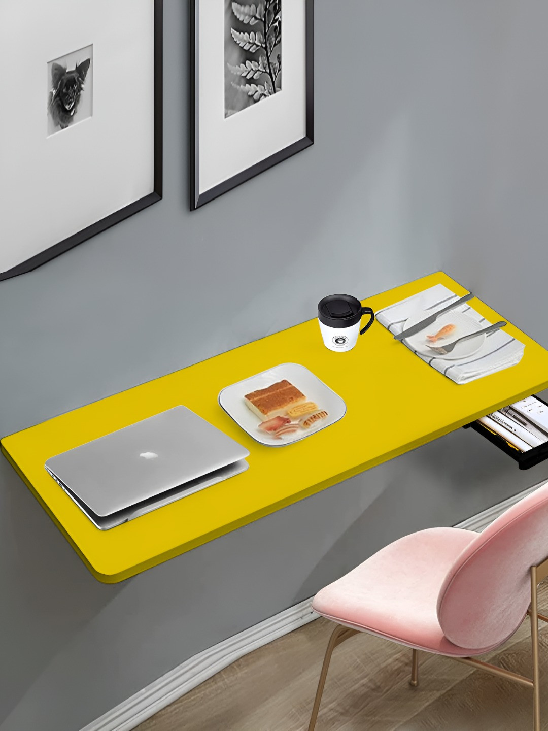 Torche Yellow Wood Wall Mounted Foldable Study Table With Drawer